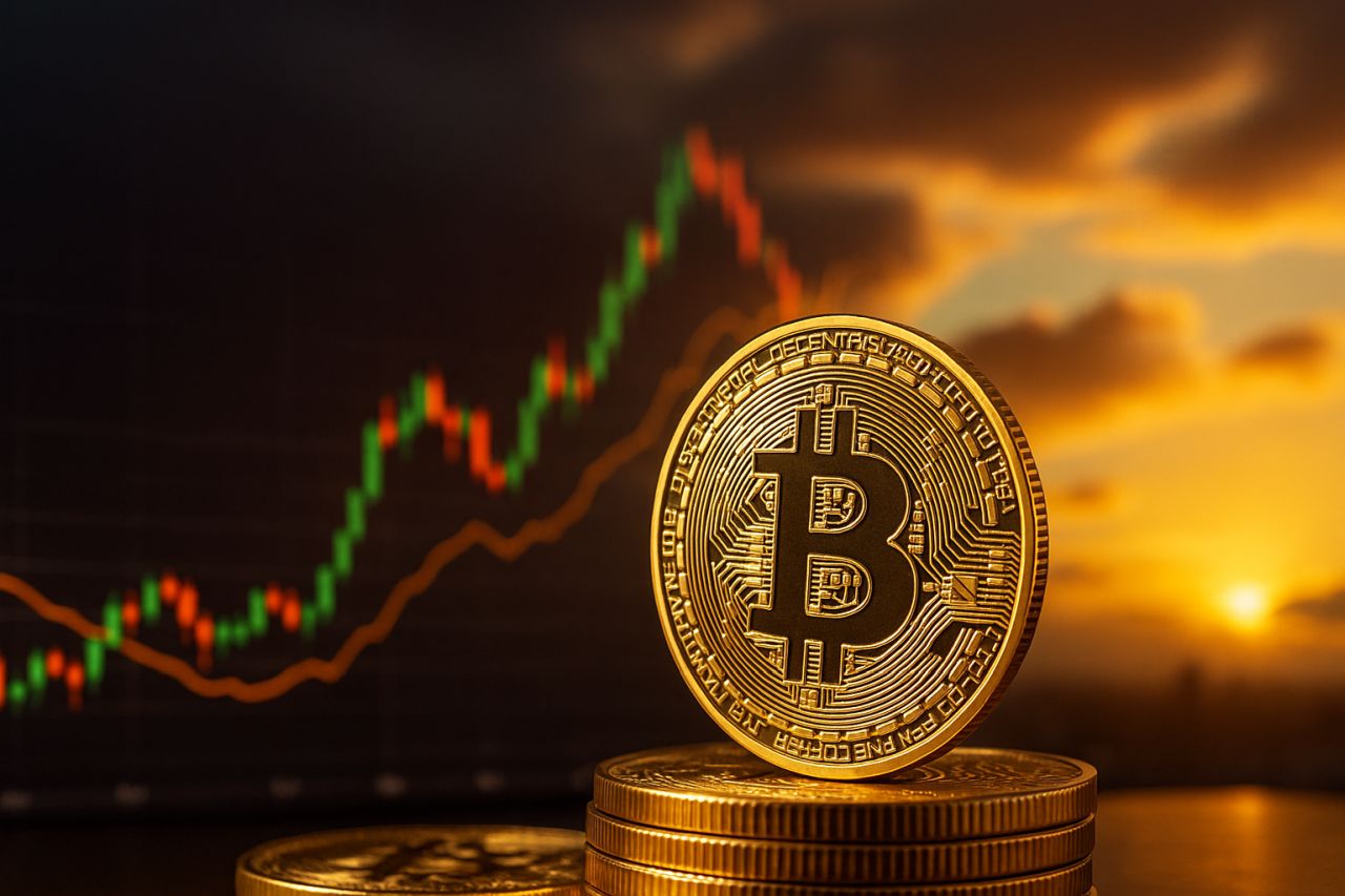 Una moneta di Bitcoin con un grafico a candele sullo sfondo