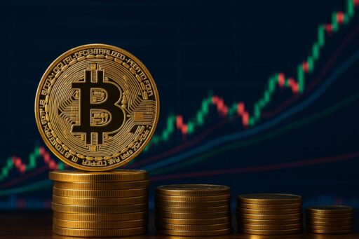 una moneta di Bitcoin con delle monetine impilate sotto di essa e un grafico a candele sullo sfondo