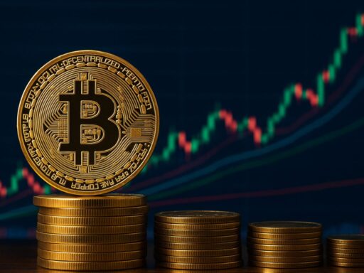 una moneta di Bitcoin con delle monetine impilate sotto di essa e un grafico a candele sullo sfondo