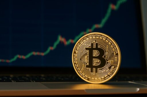 una moneta di Bitcoin con un grafico a candele sullo sfondo