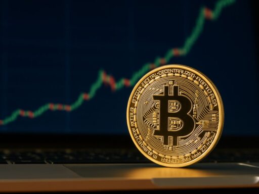 una moneta di Bitcoin con un grafico a candele sullo sfondo