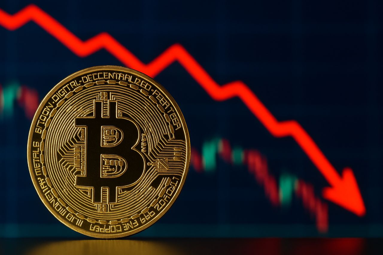 Una moneta di Bitcoin con un grafico a candele sullo sfondo e una freccia rossa verso il basso