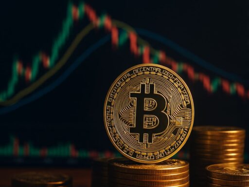 Una moneta di Bitcoin con un grafico a candele sullo sfondo