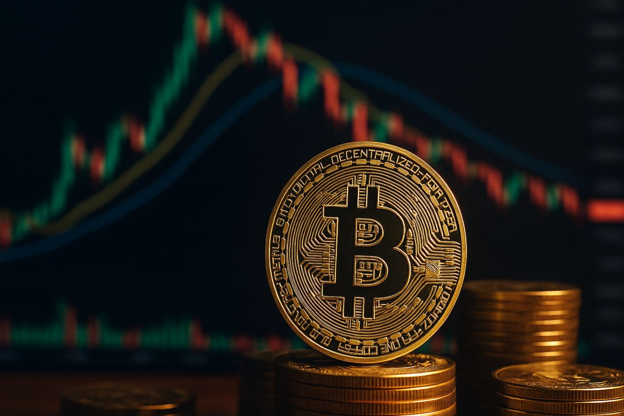 Una moneta di Bitcoin con un grafico a candele sullo sfondo