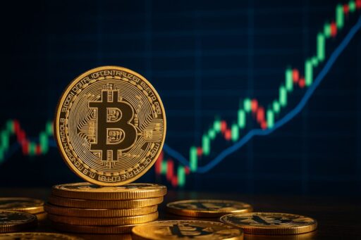 Una moneta di Bitcoin con un grafico a candele sullo sfondo e una freccia rossa verso il basso