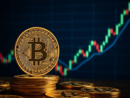 Una moneta di Bitcoin con un grafico a candele sullo sfondo e una freccia rossa verso il basso