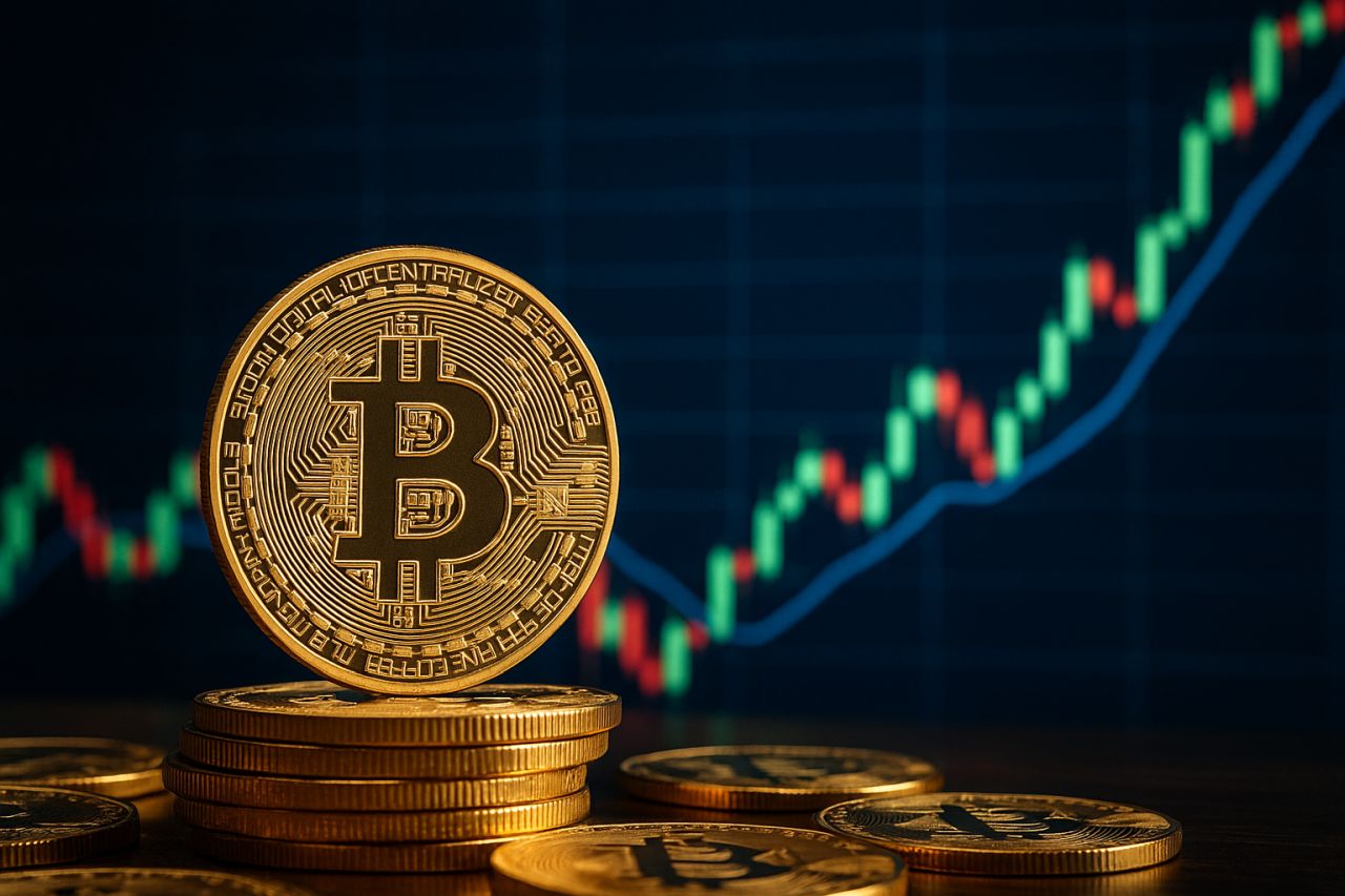 Una moneta di Bitcoin con un grafico a candele sullo sfondo e una freccia rossa verso il basso