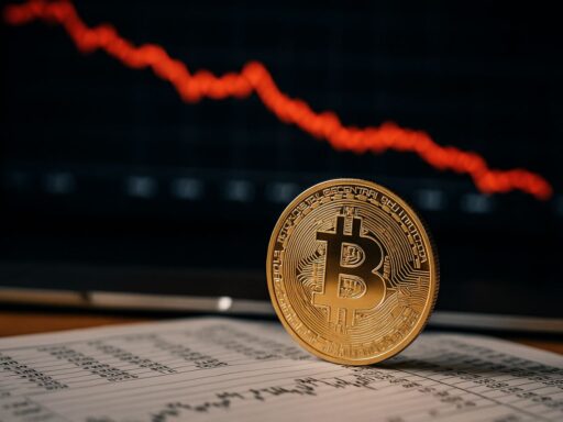 Una moneta di Bitcoin poggiata di taglio su un piano dove poggia un foglio con dei grafici finanziari. Sullo sfondo un grafico finanziario in discesa