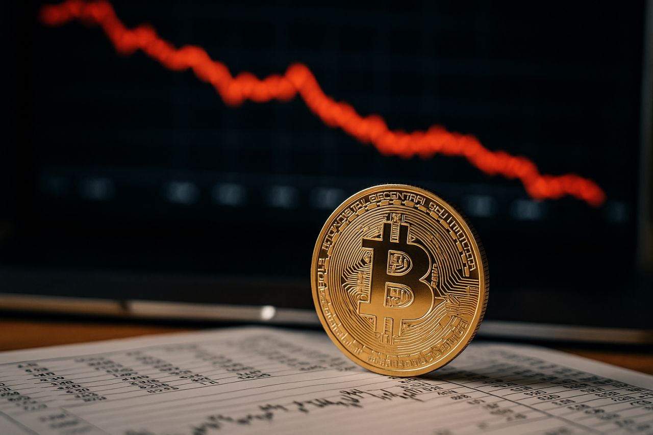 Una moneta di Bitcoin poggiata di taglio su un piano dove poggia un foglio con dei grafici finanziari. Sullo sfondo un grafico finanziario in discesa