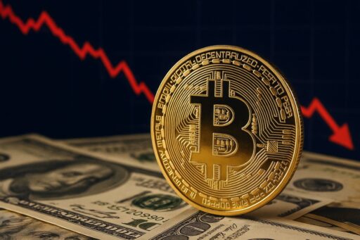 Una moneta di Bitcoin poggiata di taglio su alcune banconote. Un grafico in discesa sullo sfondo