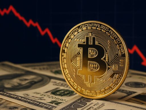 Una moneta di Bitcoin poggiata di taglio su alcune banconote. Un grafico in discesa sullo sfondo