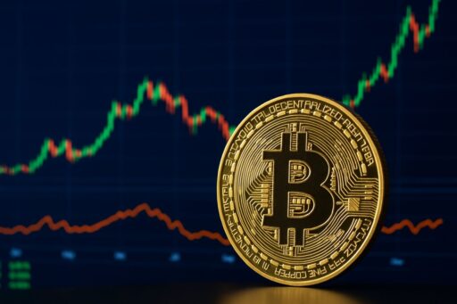una moneta di Bitcoin e un grafico a candele sullo sfondo