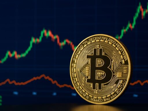 una moneta di Bitcoin e un grafico a candele sullo sfondo
