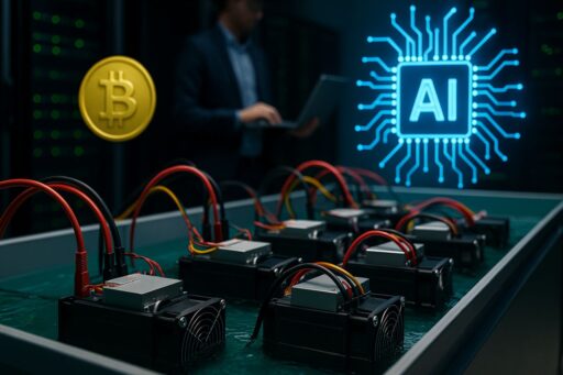 dispositivi per il mining di criptovalute immersi in un liquido di raffreddamento dielettrico. Sullo sfondo la scritta AI e una moneta di Bitcoin