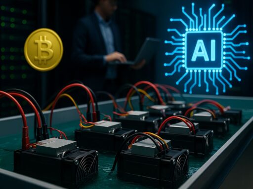 dispositivi per il mining di criptovalute immersi in un liquido di raffreddamento dielettrico. Sullo sfondo la scritta AI e una moneta di Bitcoin