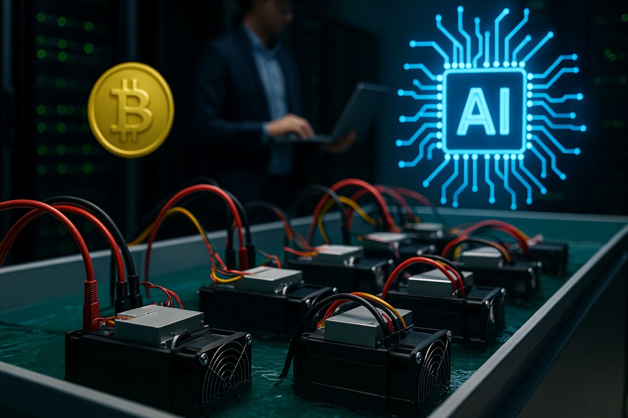 dispositivi per il mining di criptovalute immersi in un liquido di raffreddamento dielettrico. Sullo sfondo la scritta AI e una moneta di Bitcoin