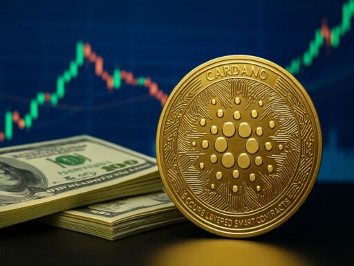 Una moneta di Cardano (ADA) con delle banconote accanto e un grafico a candele sullo sfondo
