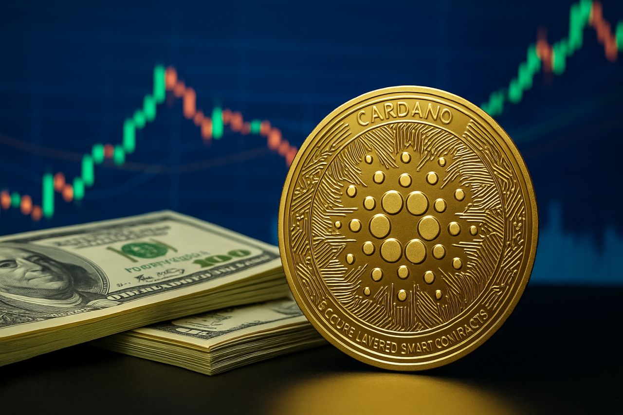 Una moneta di Cardano (ADA) con delle banconote accanto e un grafico a candele sullo sfondo