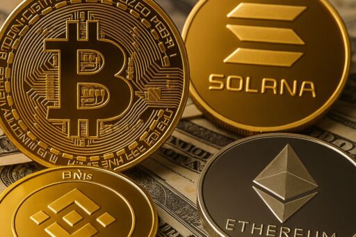 Una moneta di Bitcoin, una di Ethereum, una di BNB e una di Solana poggiate su alcune banconote