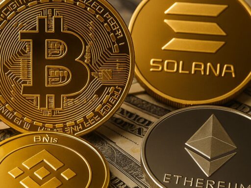 Una moneta di Bitcoin, una di Ethereum, una di BNB e una di Solana poggiate su alcune banconote