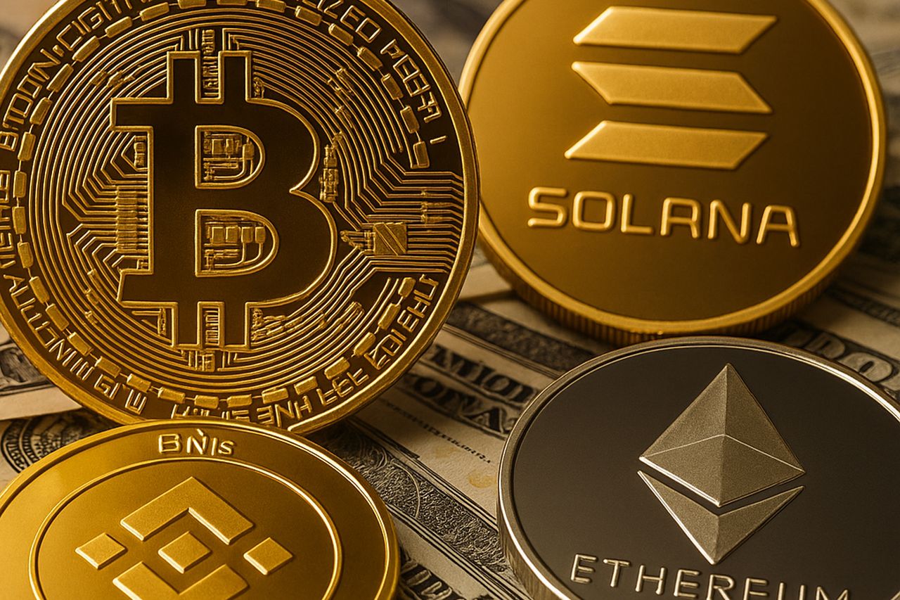 Una moneta di Bitcoin, una di Ethereum, una di BNB e una di Solana poggiate su alcune banconote