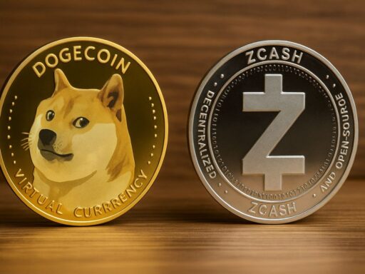 Una moneta di Dogecoin accanto a una di Zcash