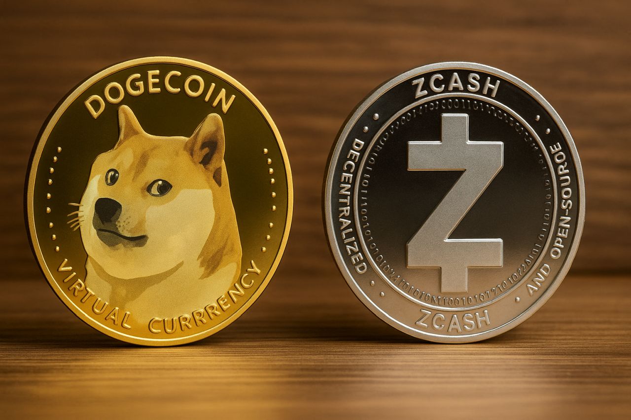 Una moneta di Dogecoin accanto a una di Zcash