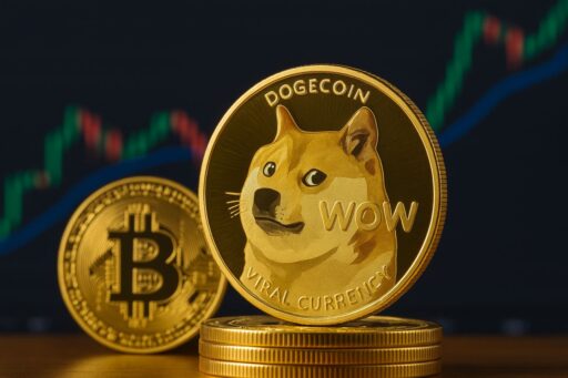 Una moneta di Dogecoin poggiata di taglio su altre monete con una moneta di Bitcoin più piccola accanto. Sullo sfondo un grafico a candele