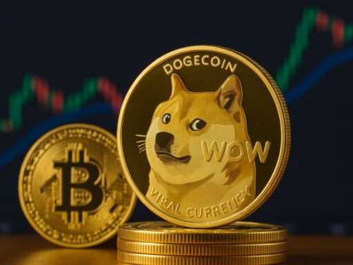Una moneta di Dogecoin poggiata di taglio su altre monete con una moneta di Bitcoin più piccola accanto. Sullo sfondo un grafico a candele