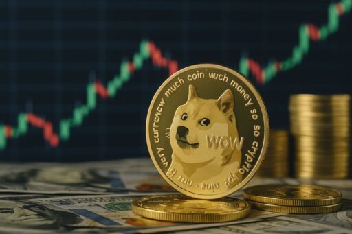 Una moneta di Dogecoin poggiata di taglio su alcune banconote con un grafico a candele sullo sfondo
