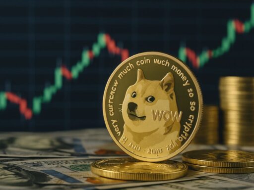Una moneta di Dogecoin poggiata di taglio su alcune banconote con un grafico a candele sullo sfondo