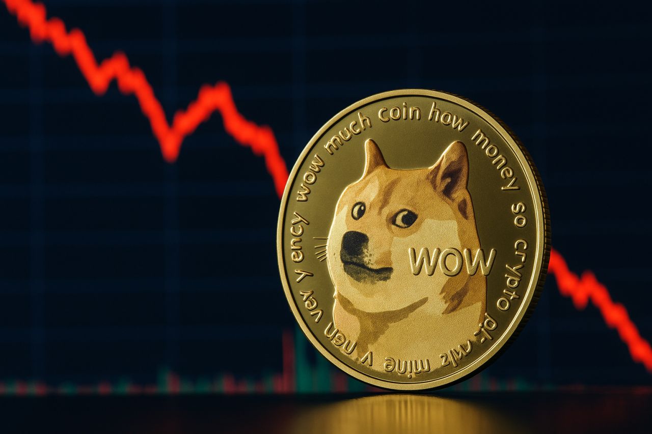 Una moneta di Dogecoin con un grafico a candele sullo sfondo