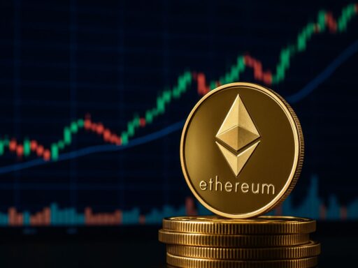 Un grafico a candele con una moneta di Ethereum davanti
