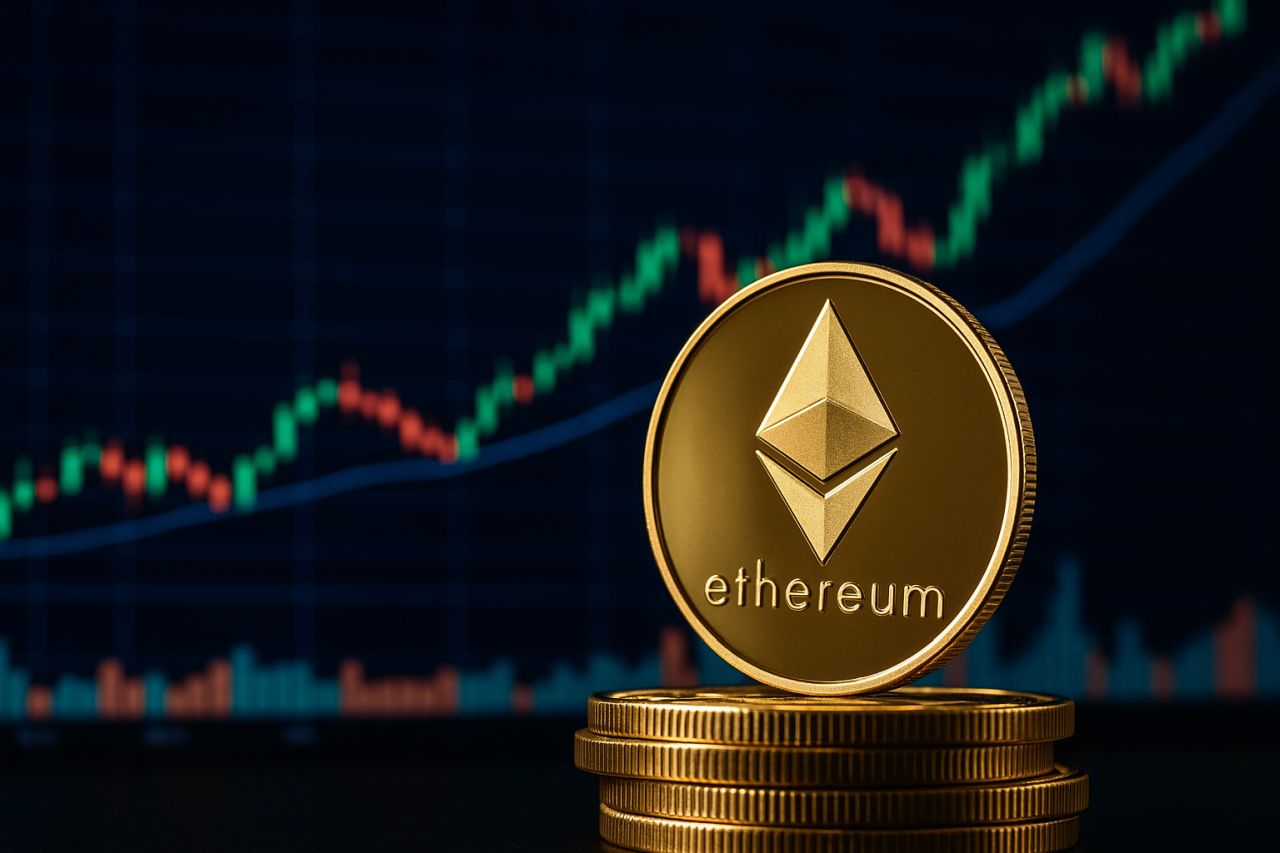 Un grafico a candele con una moneta di Ethereum davanti