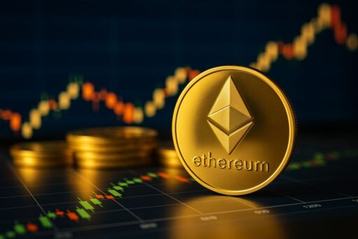 Una moneta di Ethereum con un grafico a candele sullo sfondo