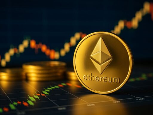 Una moneta di Ethereum con un grafico a candele sullo sfondo
