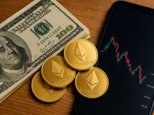 Alcune monete di Ethereum poggiate su un piano su cui c'è anche uno smartphone con un grafico a candele sullo schermo e una banconota da 100 dollari