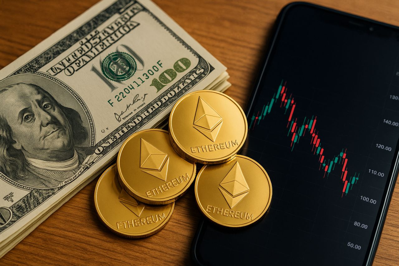 Alcune monete di Ethereum poggiate su un piano su cui c'è anche uno smartphone con un grafico a candele sullo schermo e una banconota da 100 dollari