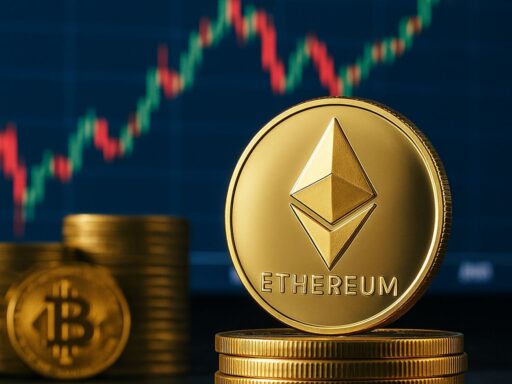 Una moneta di Ethereum con un grafico a candele sullo sfondo