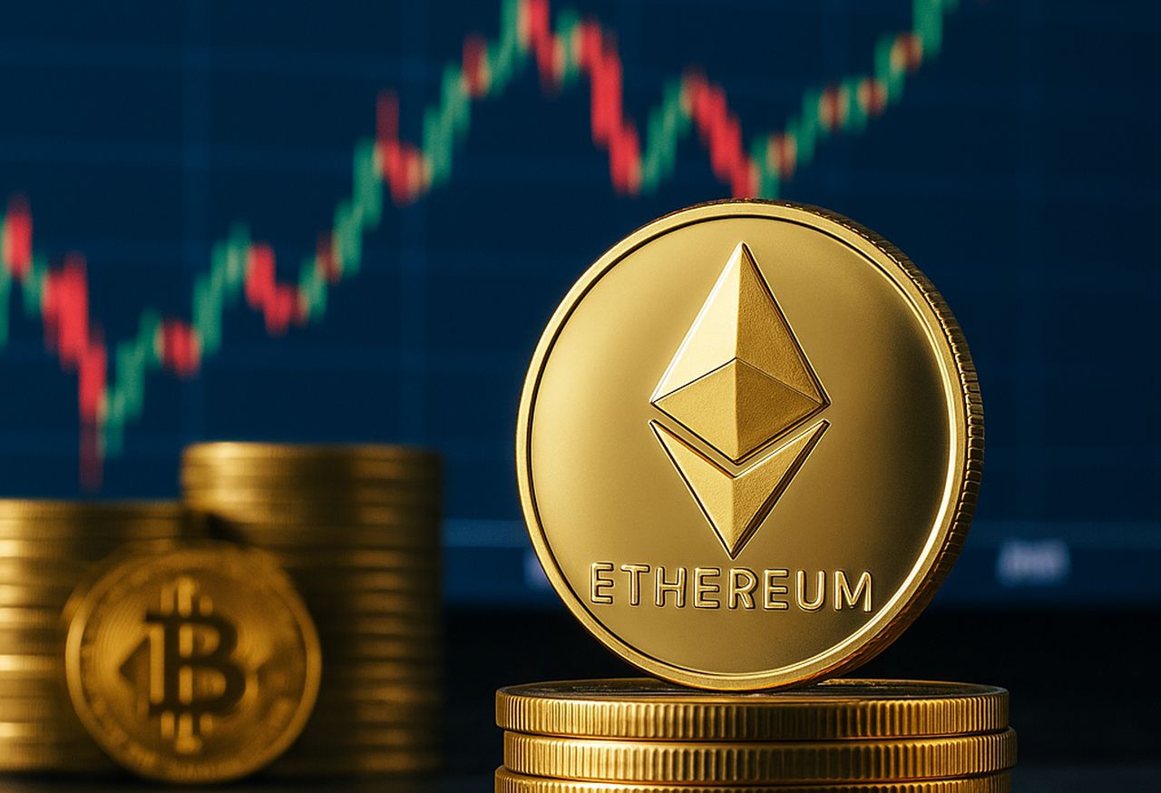 Una moneta di Ethereum con un grafico a candele sullo sfondo