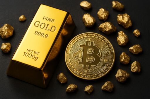 Una moneta di Bitcoin e un lingotto d'oro insieme ad alcune pepite d'oro disposte intorno in ordine sparso