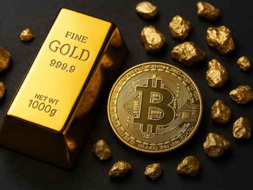 Una moneta di Bitcoin e un lingotto d'oro insieme ad alcune pepite d'oro disposte intorno in ordine sparso