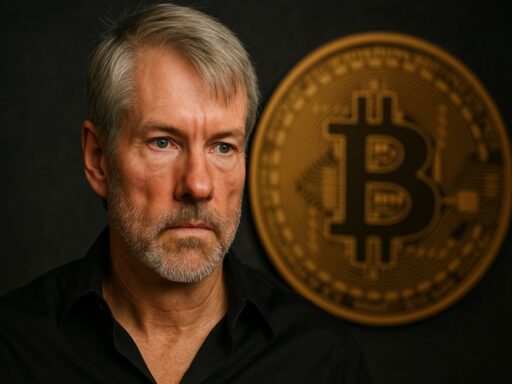 Primissimo piano di Michael Saylor con una moneta di Bitcoin in grande accanto e lo sfondo nero