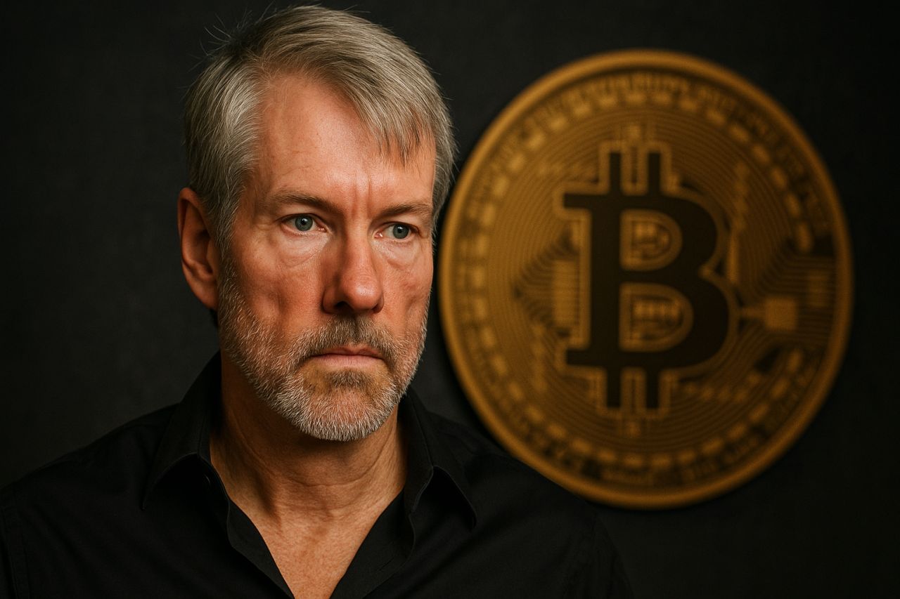 Primissimo piano di Michael Saylor con una moneta di Bitcoin in grande accanto e lo sfondo nero