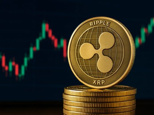 una moneta con il simbolo di XRP al centro e un grafico a candele sullo sfondo