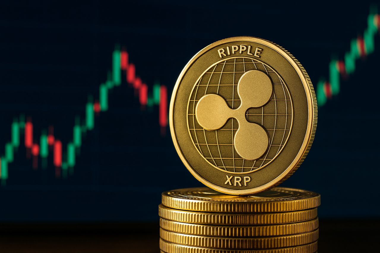 una moneta con il simbolo di XRP al centro e un grafico a candele sullo sfondo