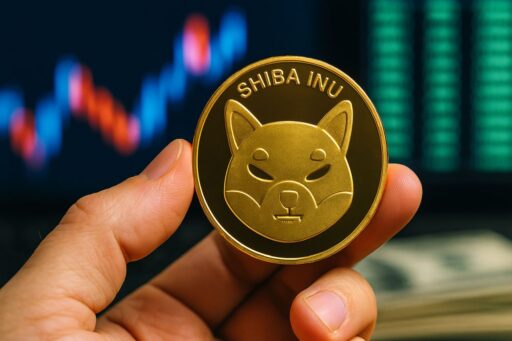 una monetina con il simbolo di Shiba Inu e dei grafici finanziari sullo sfondo