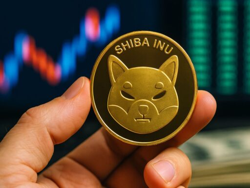una monetina con il simbolo di Shiba Inu e dei grafici finanziari sullo sfondo