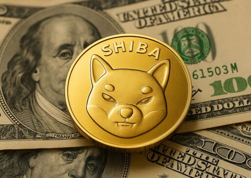 una moneta con il simbolo di Shiba Inu e delle banconote in dollari sullo sfondo