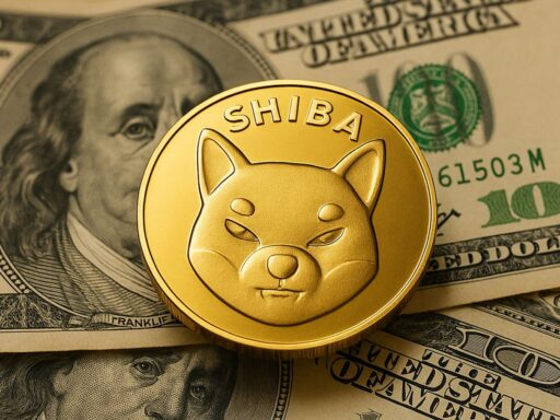 una moneta con il simbolo di Shiba Inu e delle banconote in dollari sullo sfondo